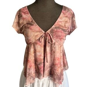Pink Floral Mesh Tie Front Babydoll Top Sheer Handkerchief Hem Blouse Womens